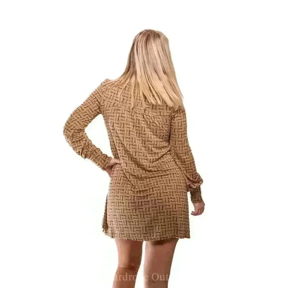 Juicy Couture Brown Silk Key Print Mock Collared Long Sleeve Mini Dress - S - Picture 5 of 9